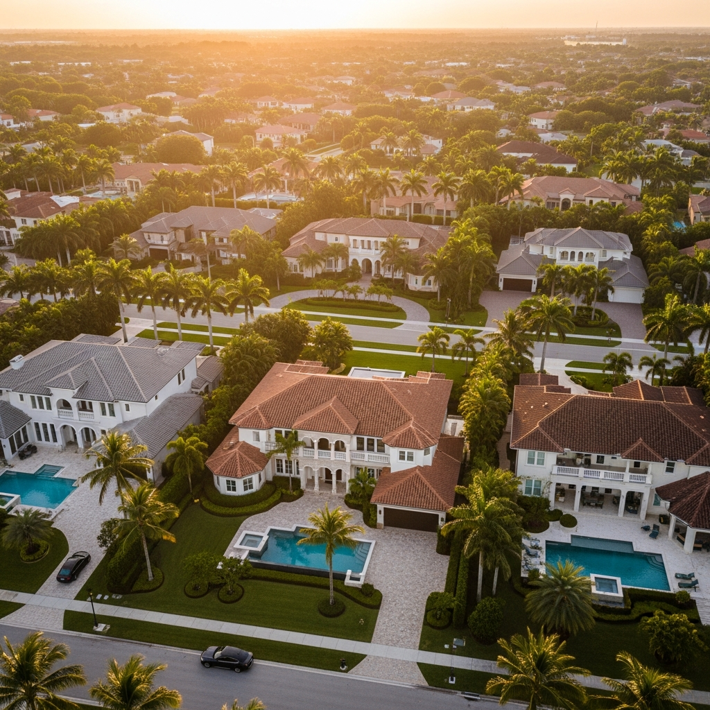 Aerial view of South Florida luxury neighborhood with palm trees, pool homes, and warm golden hour light